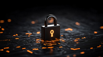 digital lock symbolizing encryption and security in cyber environment. glowing padlock stands out against dark, circuit like background, representing data protection