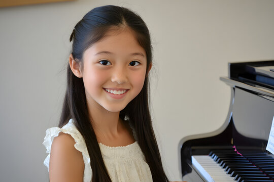 Smiling young girl sitting at a piano, symbolizing talent, music, creativity, learning, and childhood joy, perfect for education and artistic themes
