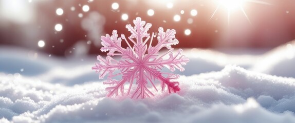 Fototapeta premium A close-up photograph of a pink snowflake, with intricate patterns, standing upright in a blanket of white snow. The background is a soft, blurred bokeh effect with warm, golden sunlight filtering thr