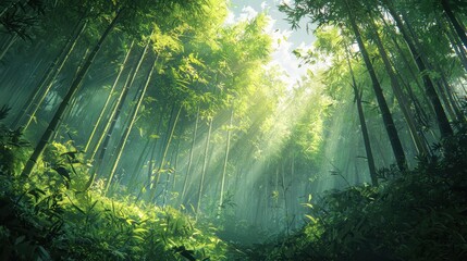 Obraz premium A dense bamboo forest with tall, slender stalks reaching toward the sky. Shafts of sunlight break through the leaves, illuminating the forest floor in a peaceful scene