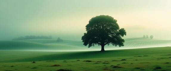 Photo of a lone tree in a field, foggy and misty atmosphere, soft and muted colors, green grass, tree in the center, blurry background, serene and peaceful mood, early morning light