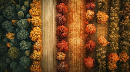 Fototapeta premium An aerial view of an autumn orchard, rows upon rows of trees with leaves in various shades from green to orange and red