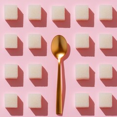 Golden Spoon Among Sugar Cubes on Pink Background - Minimalist Still Life