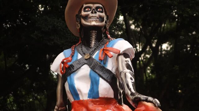 tilt down close up of skeleton skull representing the death during the Mexican celebration of day of the death