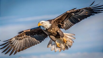 Obraz premium Bald Eagle in Flight with Spread Wings Against a Blue Sky