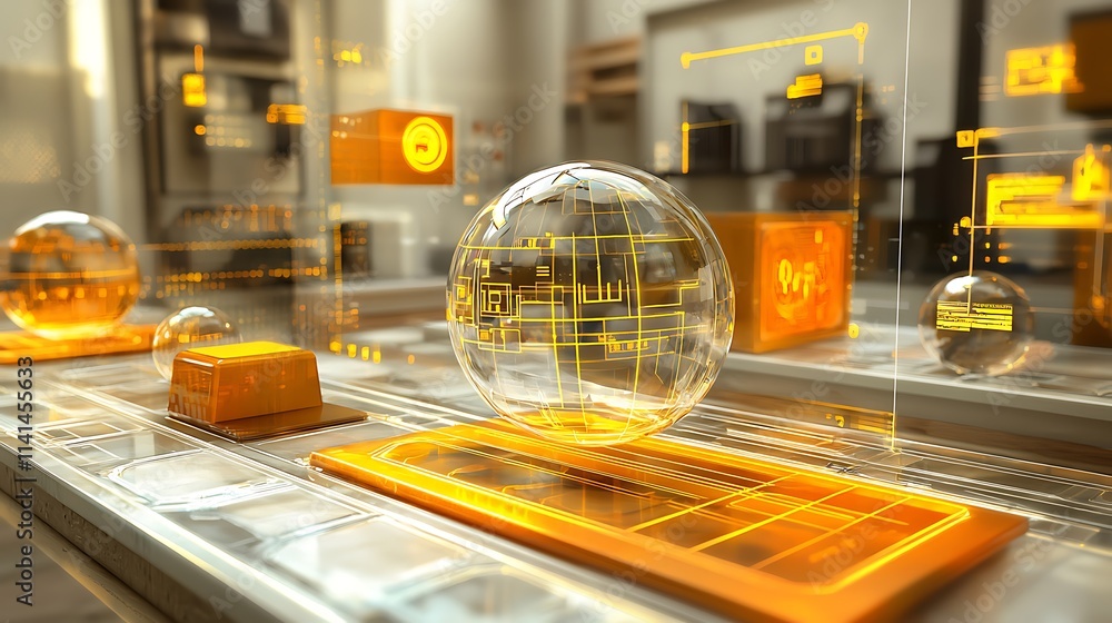 Poster Futuristic interface with holographic globe and translucent cubes on a digital table.