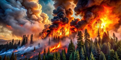 Wildfire Landscape Panorama - Forest Fire Smoke and Flames in Natural Disaster Scene, Evoking Urgency and Environmental Awareness
