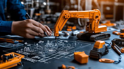 Fototapeta premium Creating detailed blueprint with construction tools and machinery