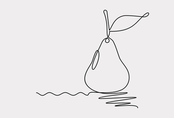 Pear with leaf continuous one line drawing, Black and white.