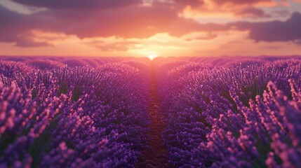 Fototapeta premium A lavender field in early evening, with rows of purple blooms leading toward a glowing horizon. The scent of lavender fills the air, creating a serene environment 