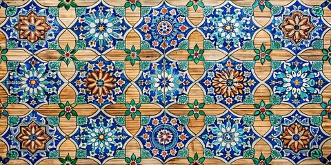 tiles arranged in Arabesque pattern on a timber background, , tiles, Arabesque, wall, timber, wood, natural, blocks