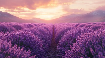 Obraz premium A lavender field in early evening, with rows of purple blooms leading toward a glowing horizon. The scent of lavender fills the air, creating a serene environment 