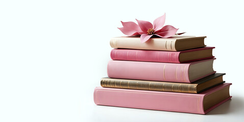 stack of pink books with flower isolated on white background. 300dpi. empty space for text and design