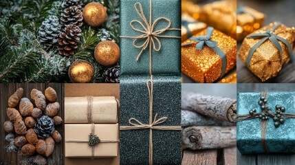 Christmas gifts in various wrapping styles: rustic kraft paper, elegant metallic, vibrant colors, and natural decor, cozy holiday setting
