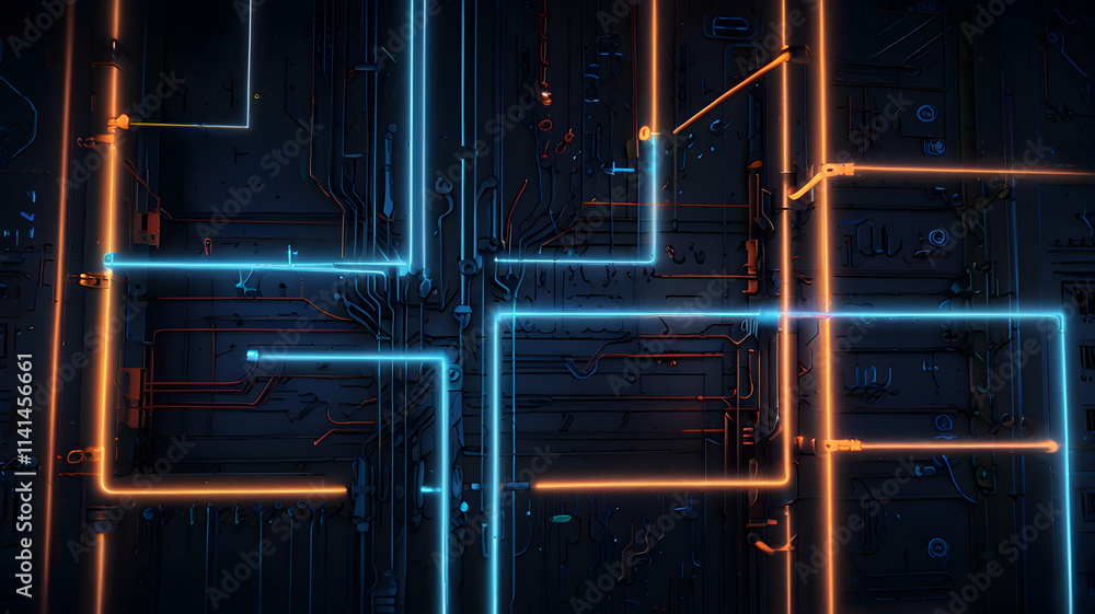 Aufkleber abstract neon circuitry: glowing lines and complex network design in digital art