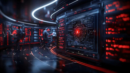 futuristic data center showcasing advanced cybersecurity technology, illuminated by red lights. scene captures professionals engaged in monitoring and protecting data systems