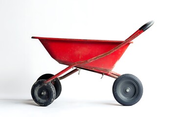 Isolated standing red wheelbarrow 3d rendering, "Discover the durability and functionality of this red wheelbarrow with a metallic construction and sturdy wheels. Designed for outdoor work and landsca