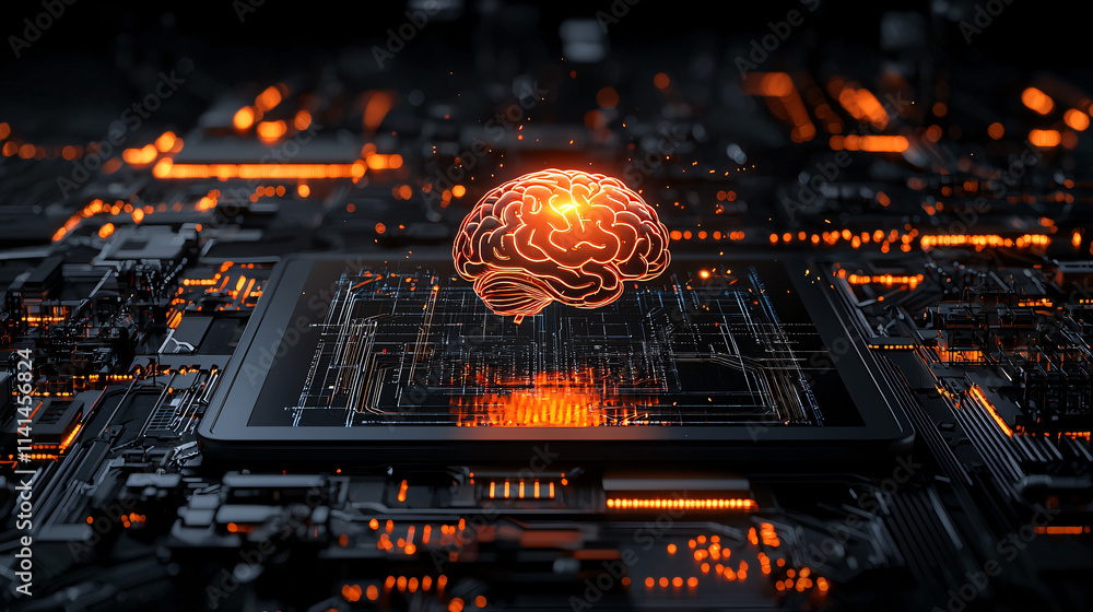 Aufkleber glowing ai holographic brain above circuit board, symbolizing advanced technology and innovation. in