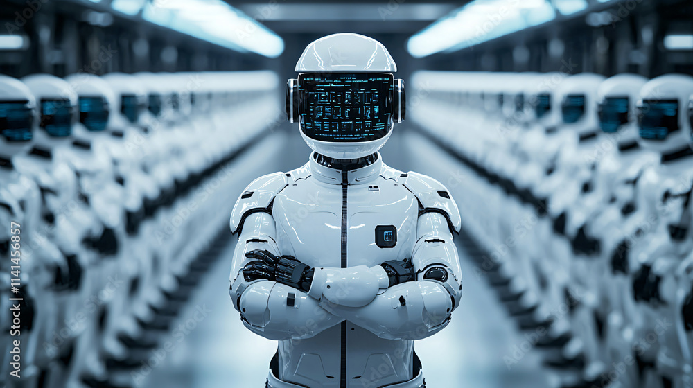 Poster realistic image of humanoid robots in testing facility, showcasing advanced technology and design. r
