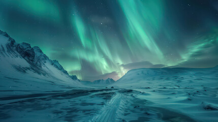 Fototapeta premium Breathtaking aurora borealis illuminates snowy landscape at night