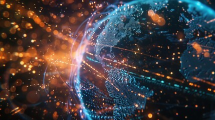 Obraz premium Orange and light blue data streams flowing around digital earth globe rotating in space with north and south america continents highlighted, symbolizing global communication and big data analysis