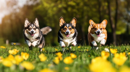 Obraz premium Three little dogs are running on the grass