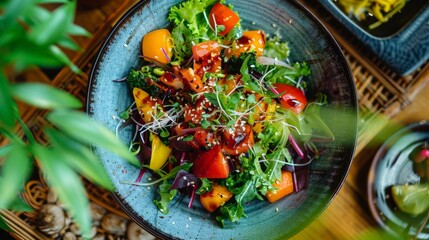 A top view of a vibrant Japanese salad with fresh vegetables on a ceramic plate