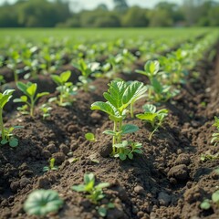 Obraz premium An agricultural field with crops growing in contaminated soil, affected by toxic waste infiltration