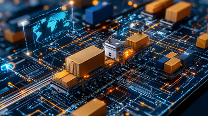 Futuristic global trade concept with automated shipping containers on digital circuit board. image showcases advanced technology and logistics in vibrant setting