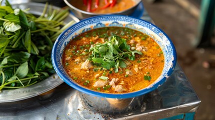 A traditional dish of Gaeng Om (Isaan-style spicy soup) served on an enamel plate with fresh herbs