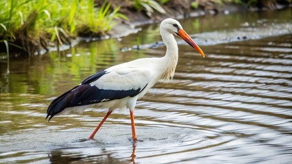 Obraz premium White Stork Wading in Shallow Water with Black and White Plumage