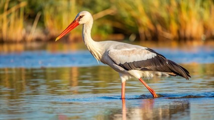 Fototapeta premium White Stork Wading Through Shallow Water
