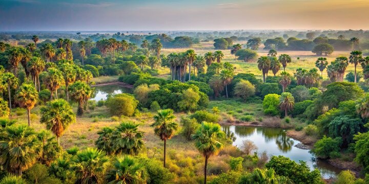 Landscape of West Kiang National Park in Gambia with lush vegetation and wildlife, Africa, nature, animals
