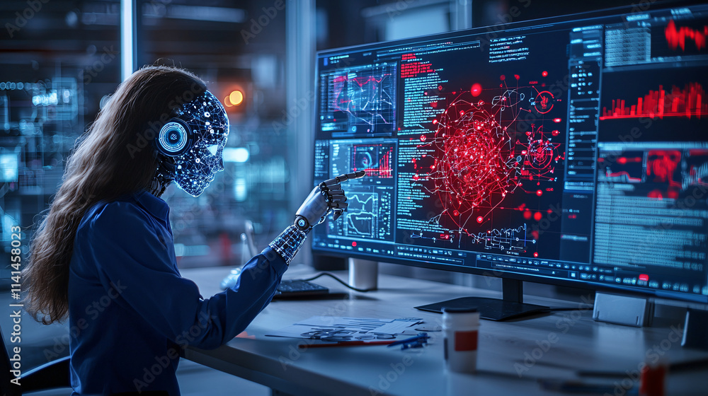 Aufkleber humanoid robot interacting with data on computer screen in research lab, showcasing advanced technol