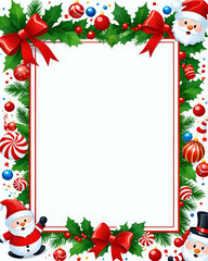 christmas frame with cartoon Santa, holly and berries. 300dpi