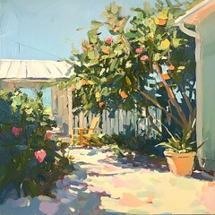 Obraz premium Sunny Garden Escape: Coastal Home Landscape