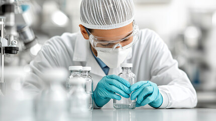 researcher in lab examines glass vial, wearing protective gear and gloves, focused on energy storage solutions. environment is sterile and professional