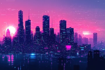 Fototapeta premium Futuristic City Skyline at Sunset Digital Art