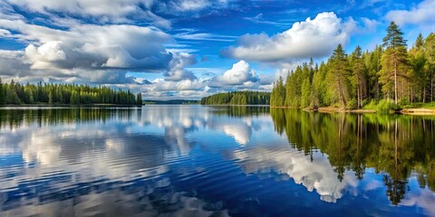 Fototapeta premium Quiet smooth lake in Karelia with a cloudy blue sky and a forest of trees and fir-trees, Quiet, smooth, beautiful, lake