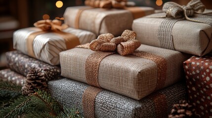 Close-up of Christmas gifts: diverse patterns and textures, glittery ribbons, soft fabrics, wood and natural materials, festive holiday details