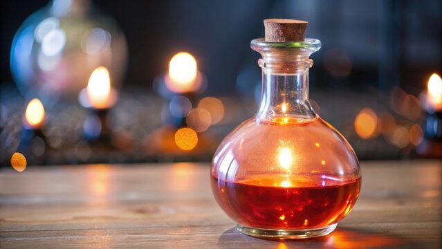 Glass Bottle with Red Liquid and Cork Stopper on Wooden Table with Blurry Lights