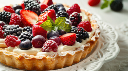 Delicious fruit tart topped with fresh berries and mint leaves