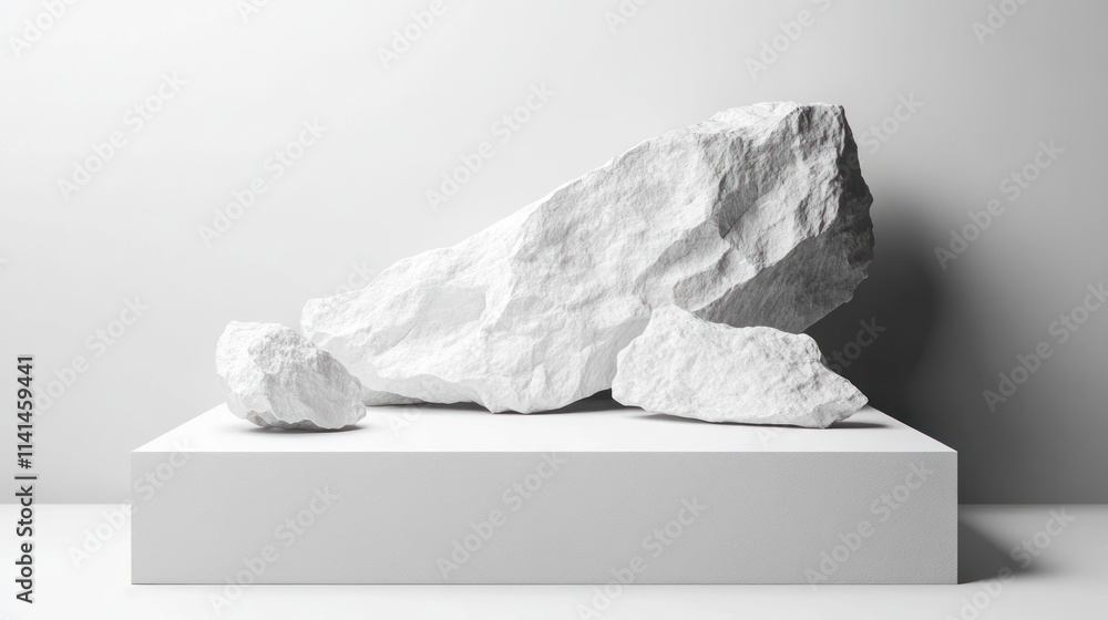 Poster a minimalist display of white rocks on a clean pedestal, emphasizing simplicity and form.