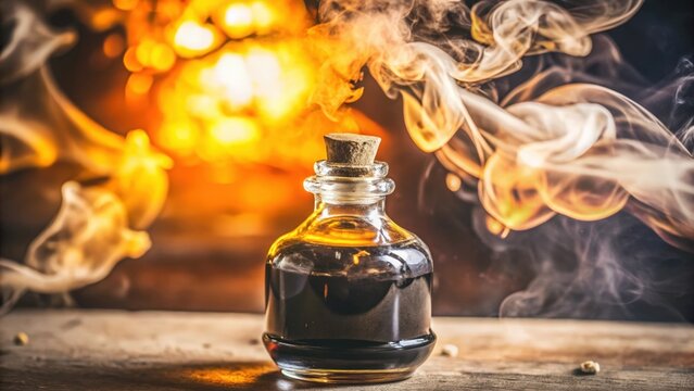 Glass Bottle of Dark Liquid with Smoke and Fire Background