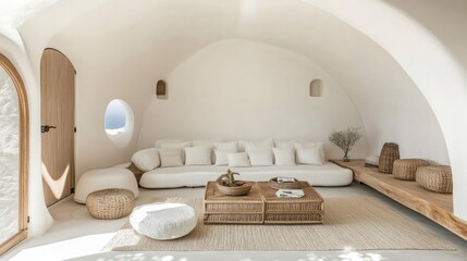 A minimalist living room with white decor, natural elements, and cozy seating.