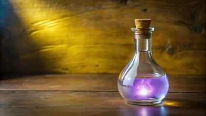 Glass Bottle with Glowing Purple Liquid on Wooden Table