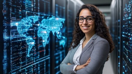 A confident woman stands in a high-tech data center, smiling with arms crossed, surrounded by glowing digital networks and a world map.