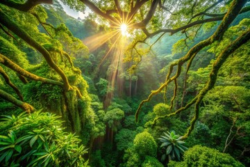 Fototapeta premium Aerial view: Sunlight dapples the rainforest floor, vines weaving through emerald branches.