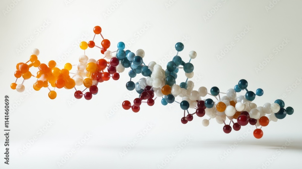 Poster a vibrant molecular structure with colorful spheres representing atoms, showcasing a dynamic arrange