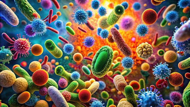 Closeup view of colorful bacteria and microbes under a microscope, microscopic, closeup, bacteria, microbes
